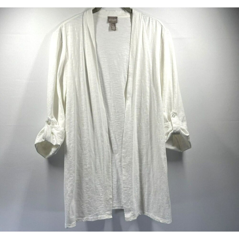 Chicos Women's Jacket Cardigan Medium White Slubbed‎ Cotton 3/4 Roll Tab Sleeves